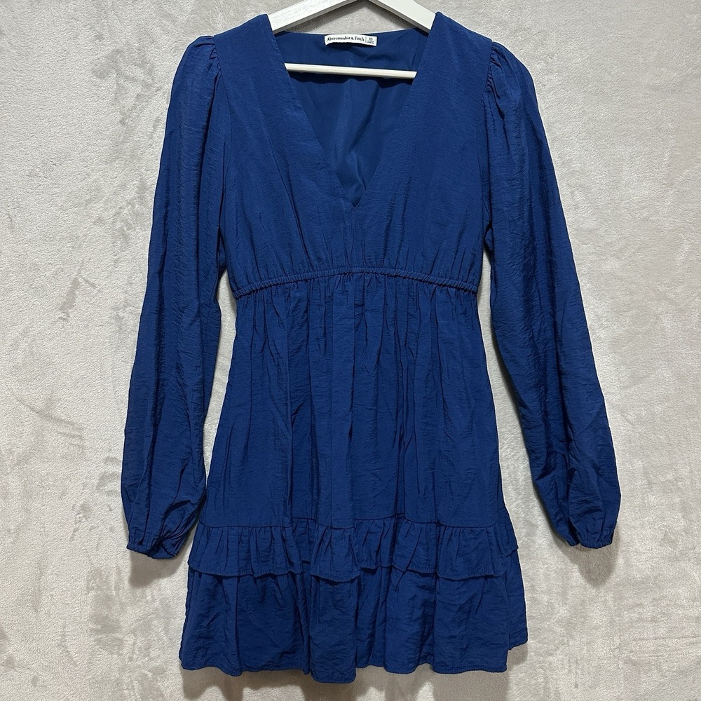Abercrombie Babydoll Ruffle Mini Dress Women's XS Blue Long Sleeve V-Neck Smock‎